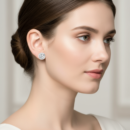 Female model wearing diamond halo stud earrings