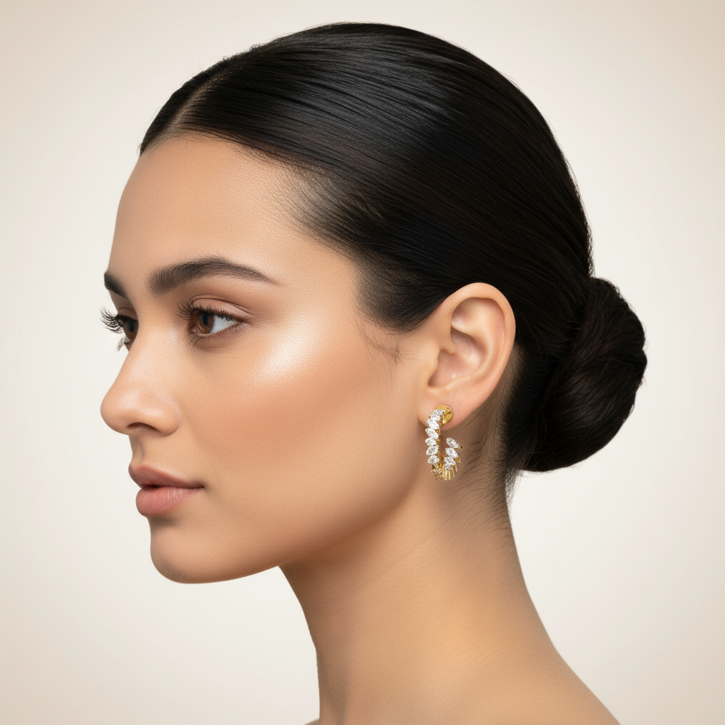 Female model wearing diamond hoop earrings
