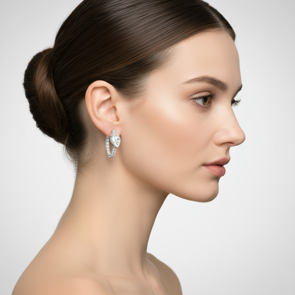 Female model wearing diamond hoop earrings