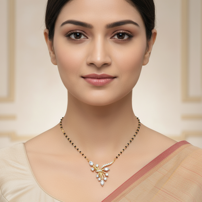 Female model wearing diamond mangalsutra pendant