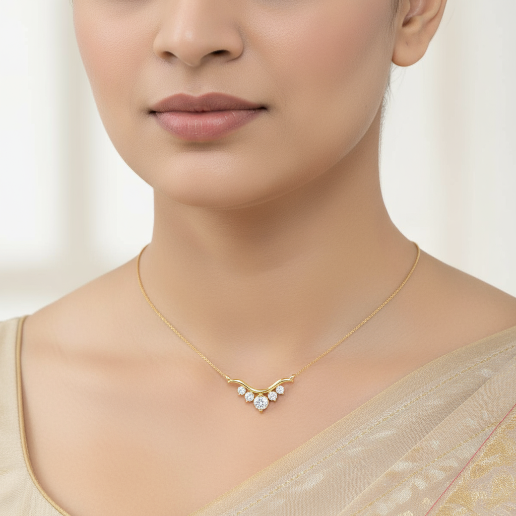 Female model wearing diamond mangalsutra pendant
