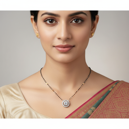 Female model wearing diamond mangalsutra pendant