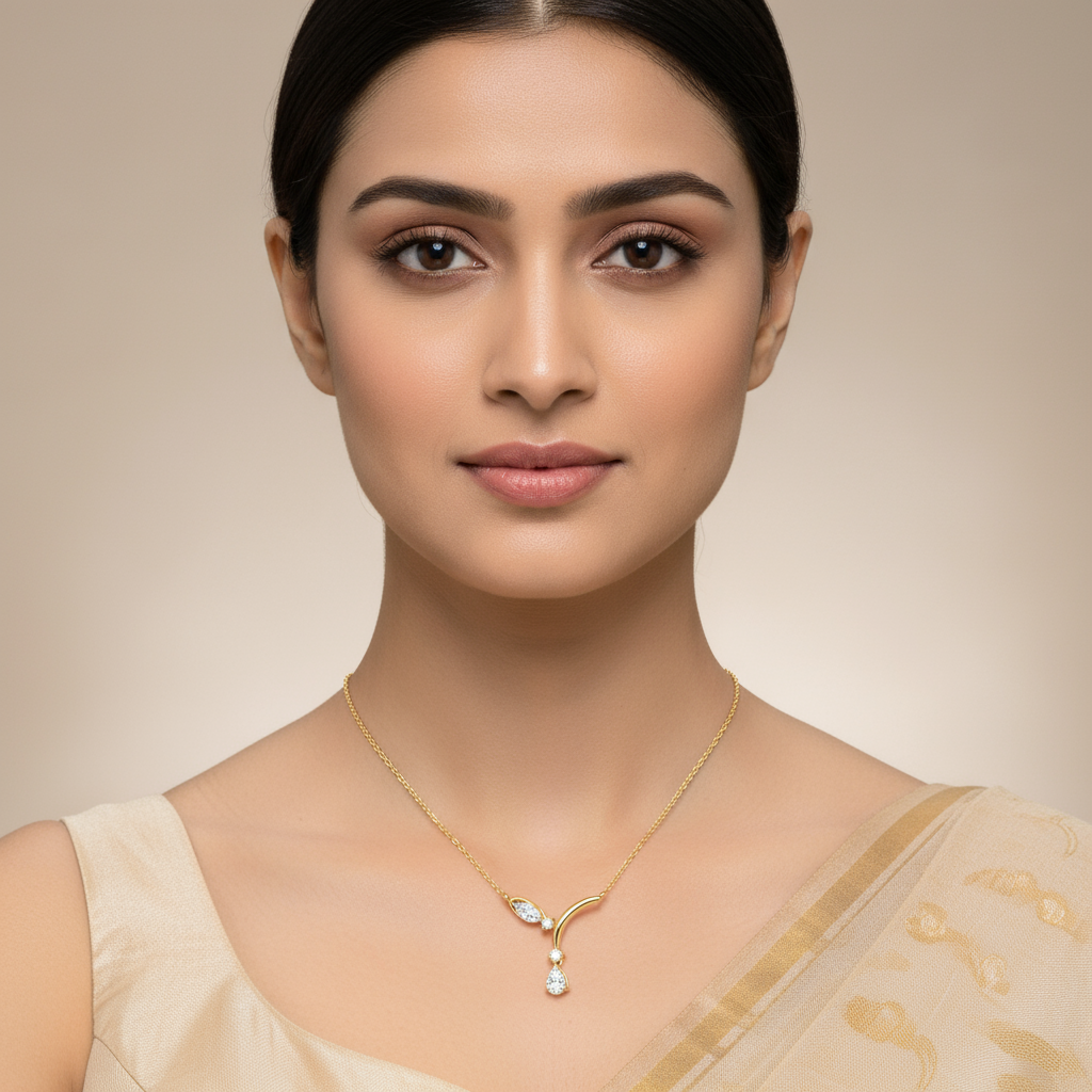 Female model wearing diamond mangalsutra pendant