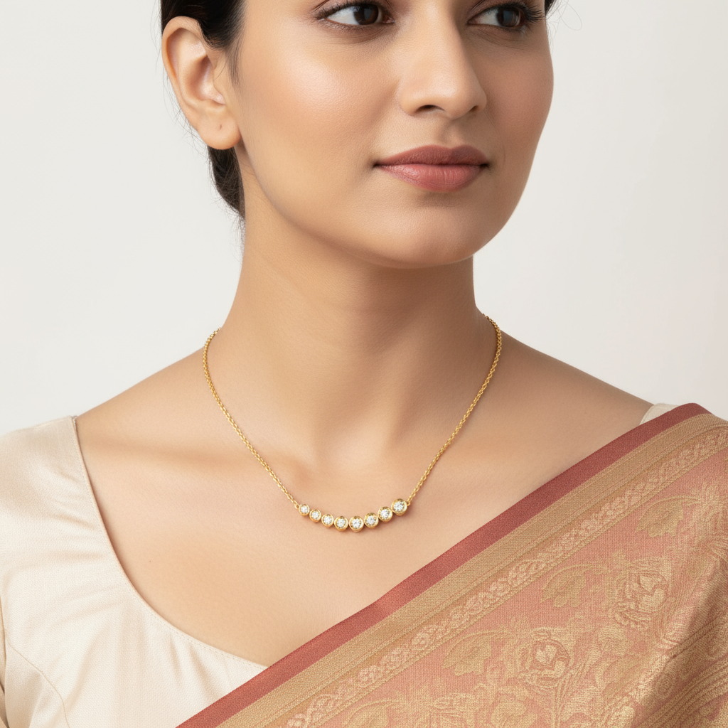 Female model wearing diamond mangalsutra