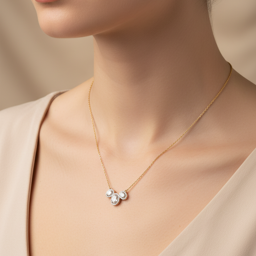 Female model wearing diamond necklace