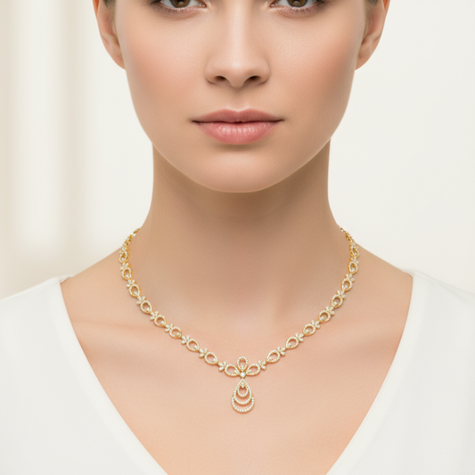 Female model wearing diamond necklace