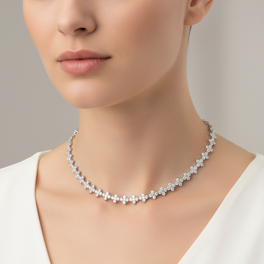 Female model wearing diamond necklace