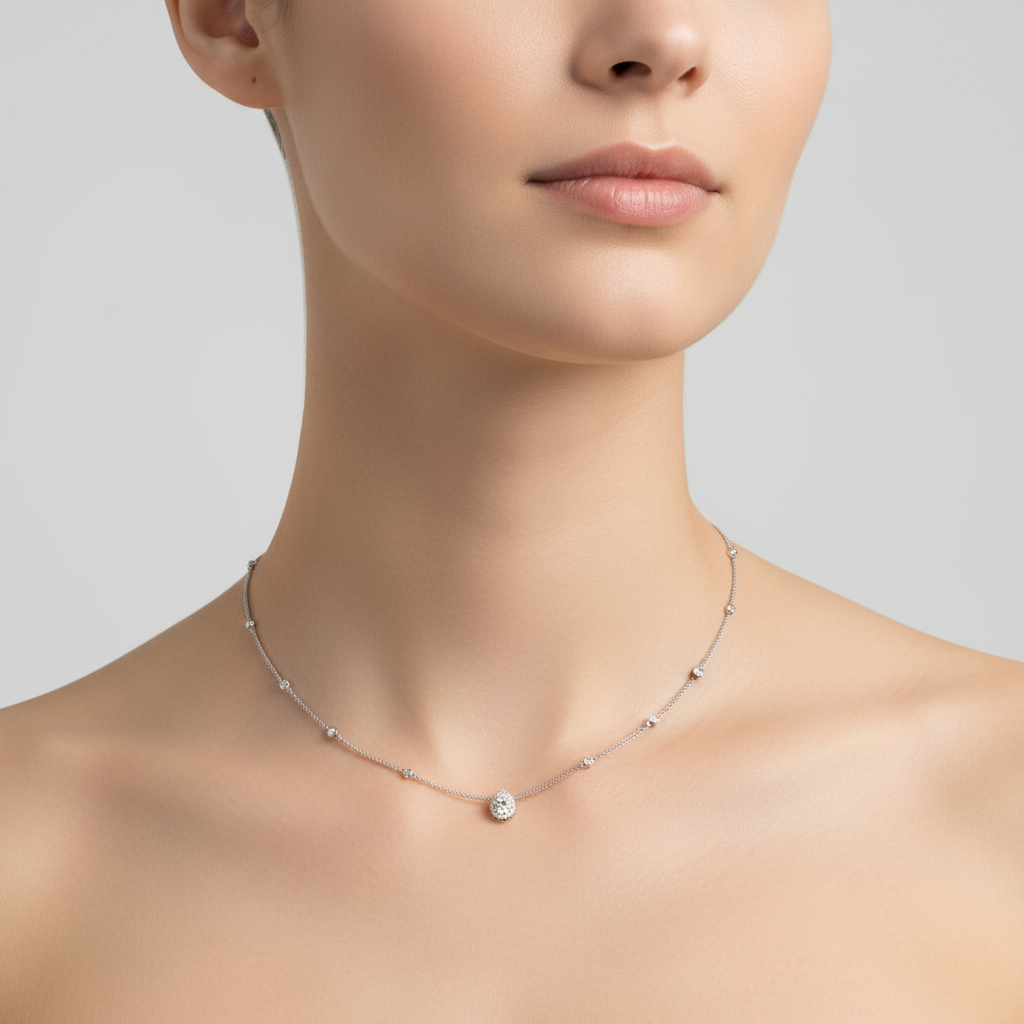 Female model wearing diamond necklace