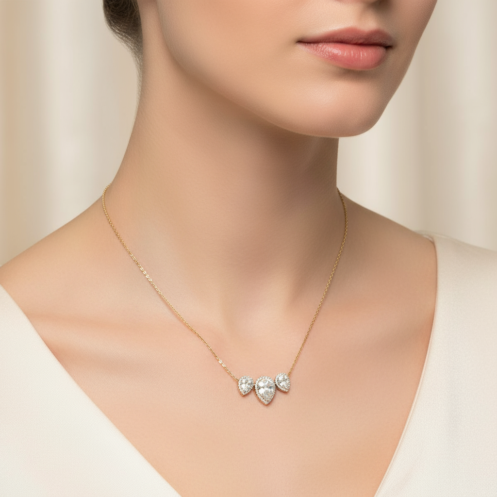 Female model wearing diamond necklace