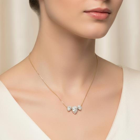 Female model wearing diamond necklace