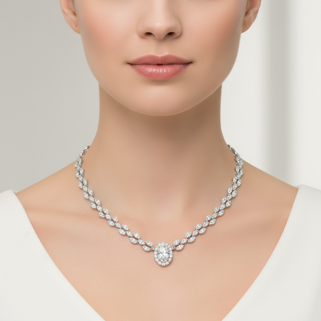 Female model wearing diamond necklace