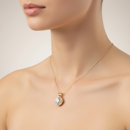 Female model wearing diamond pendant