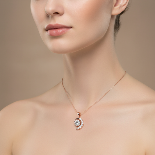 Female model wearing diamond pendant