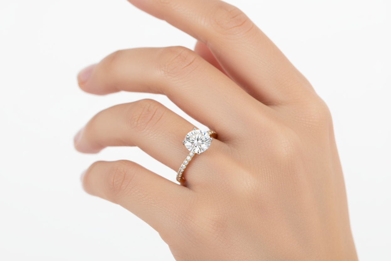 Female model wearing diamond ring