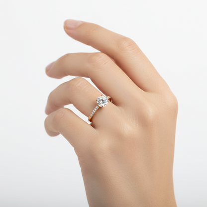 Female model wearing diamond ring