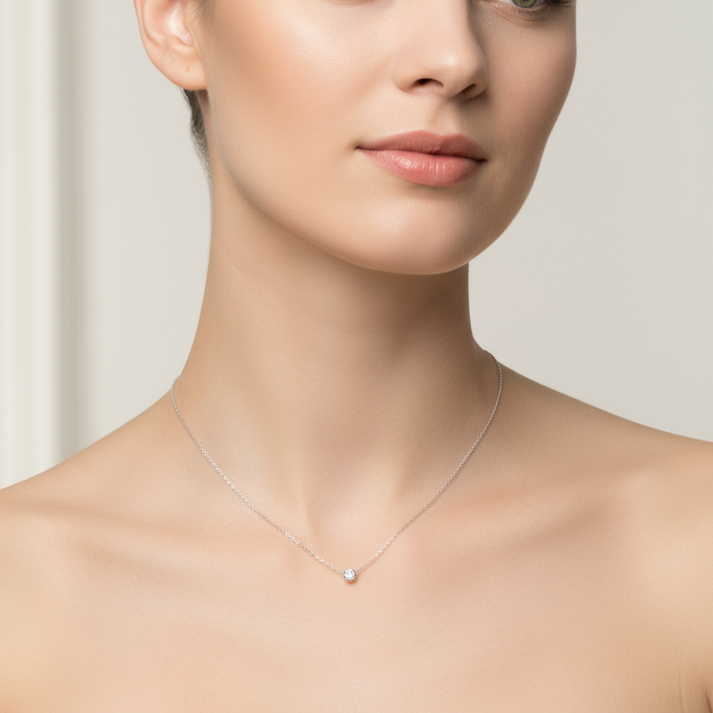 Female model wearing diamond solitaire necklace