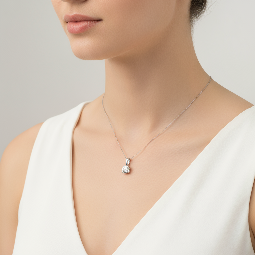 Female model wearing diamond solitaire pendant