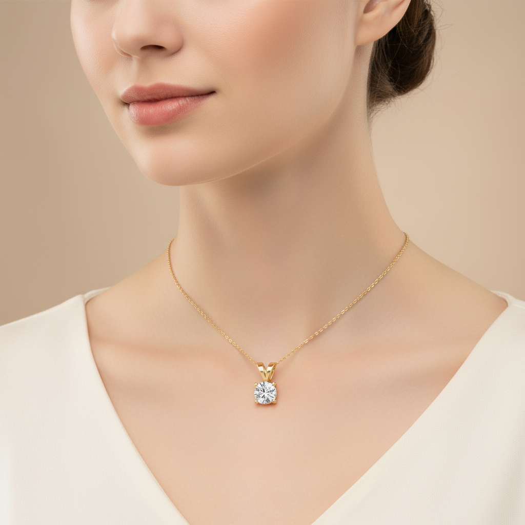 Female model wearing diamond solitaire pendant