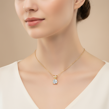 Female model wearing diamond solitaire pendant