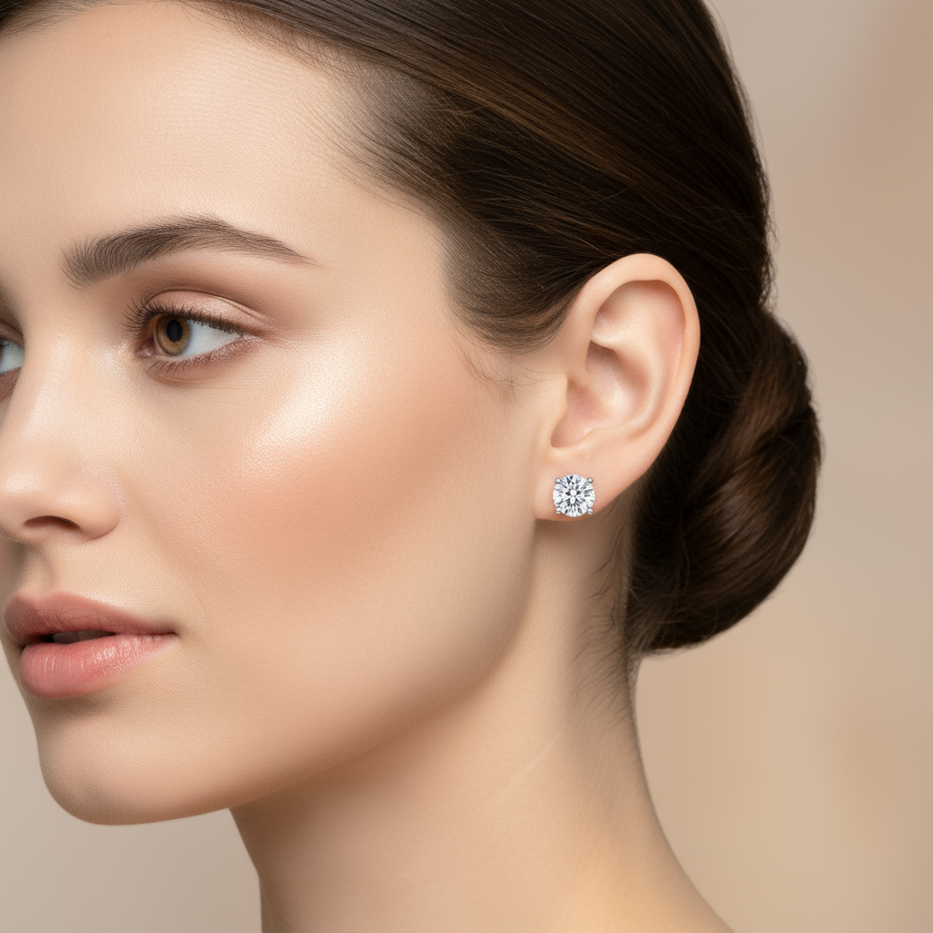 Female model wearing diamond stud earrings