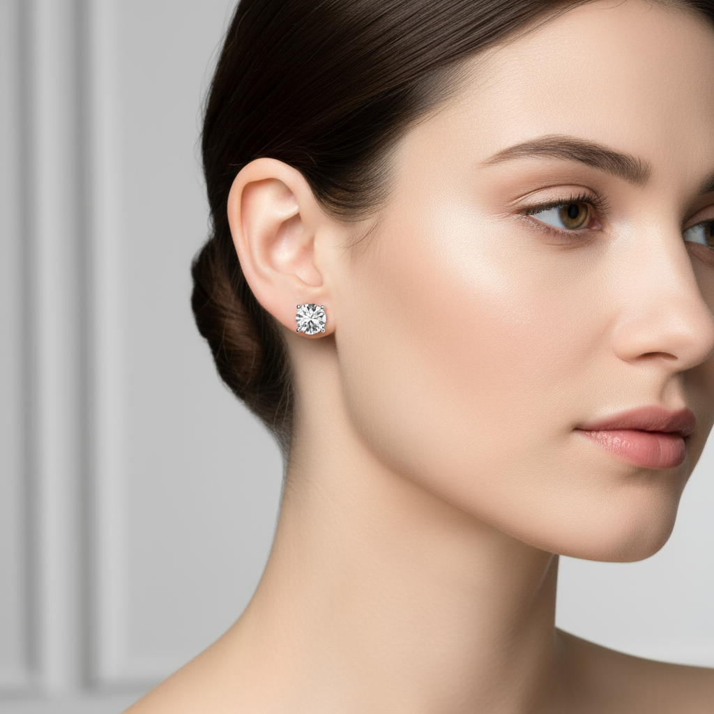 Female model wearing diamond stud earrings