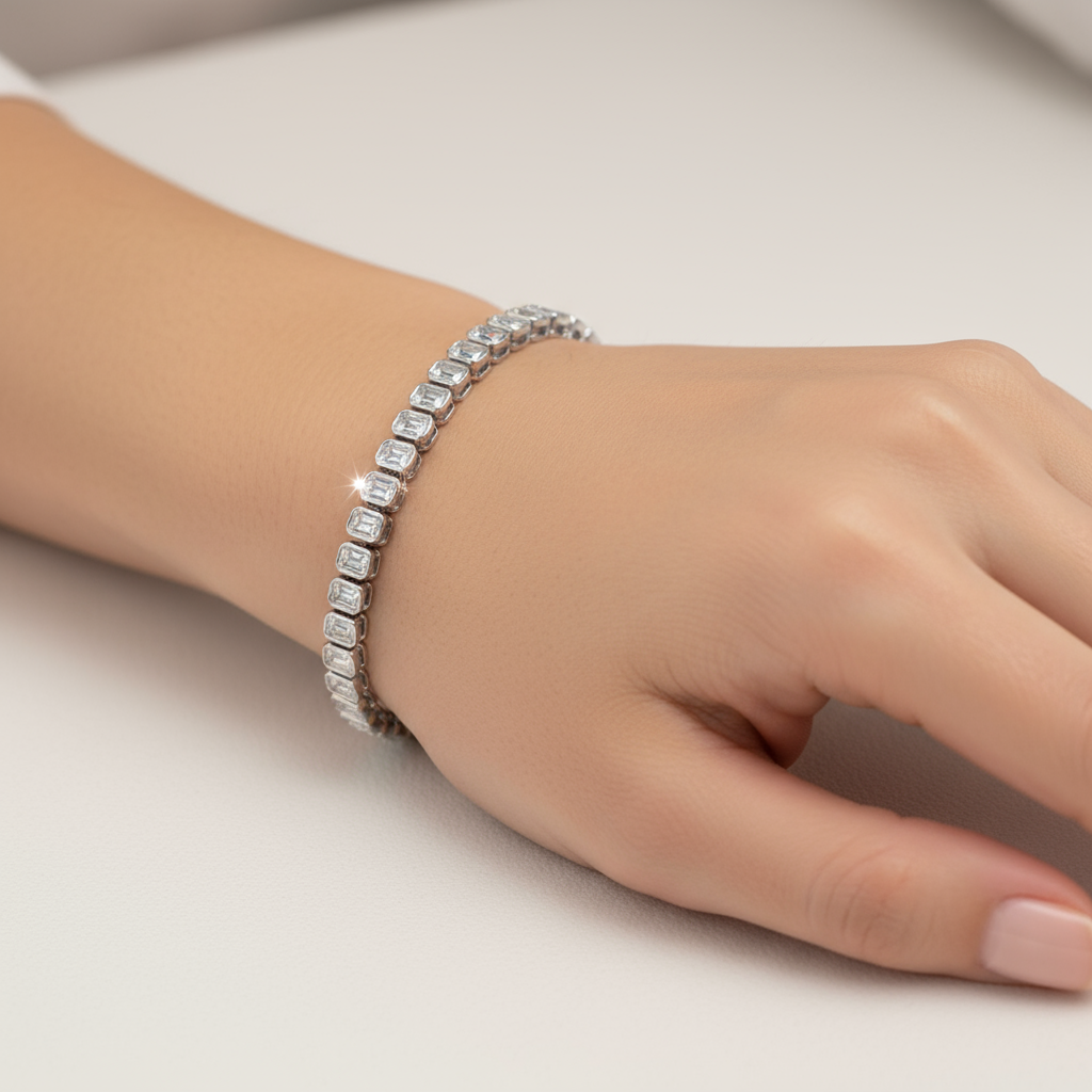 Female model wearing diamond tennis bracelet