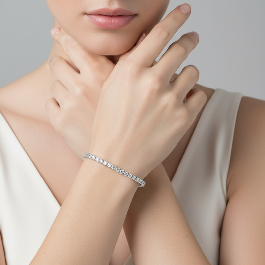 Female model wearing diamond tennis bracelet