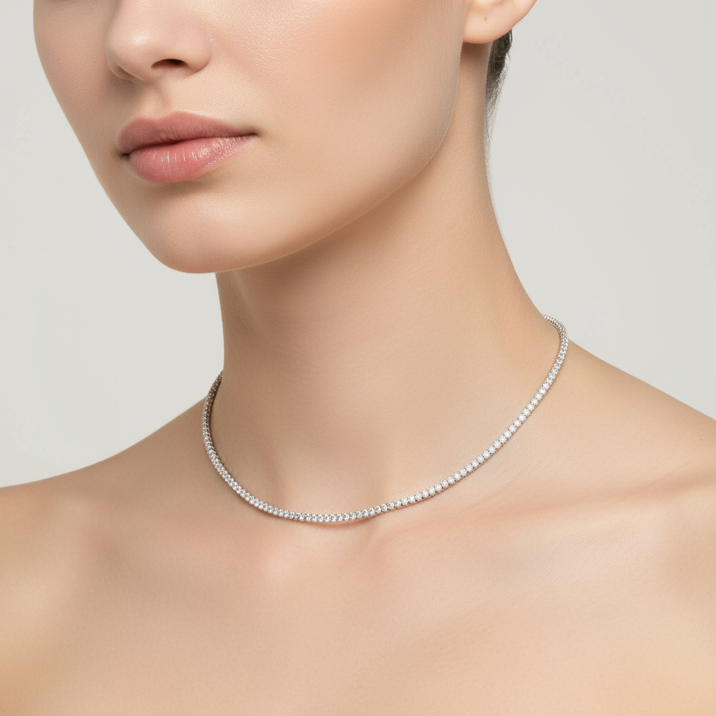 Female model wearing diamond tennis necklace