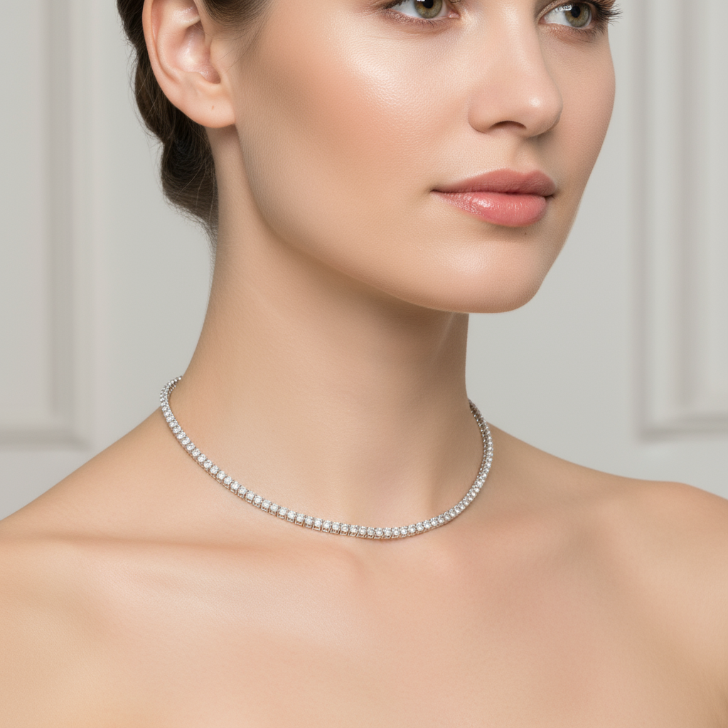 Female model wearing diamond tennis necklace