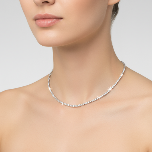 Female model wearing diamond tennis necklace