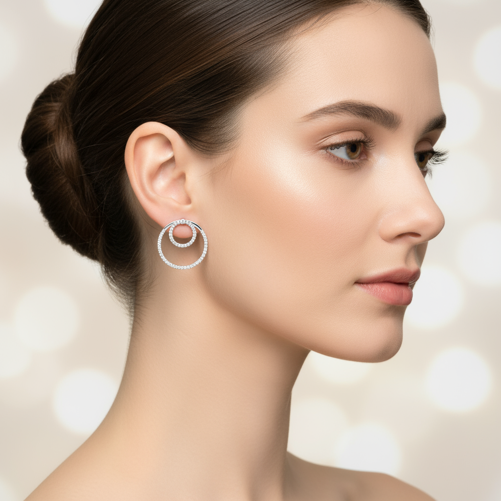 Female model wearing double-circle diamond hoop earrings