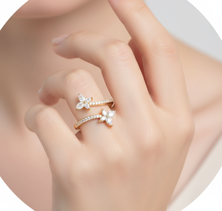Female model wearing double floral bypass diamond ring