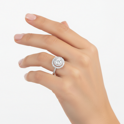 Female model wearing double halo diamond ring