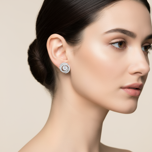 Female model wearing double halo diamond stud earrings
