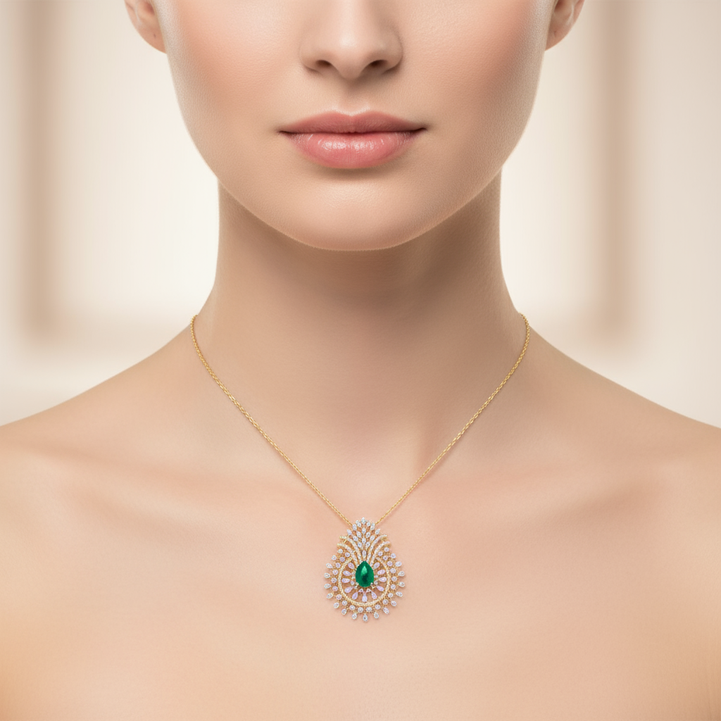 Female model wearing emerald and diamond peacock pendant