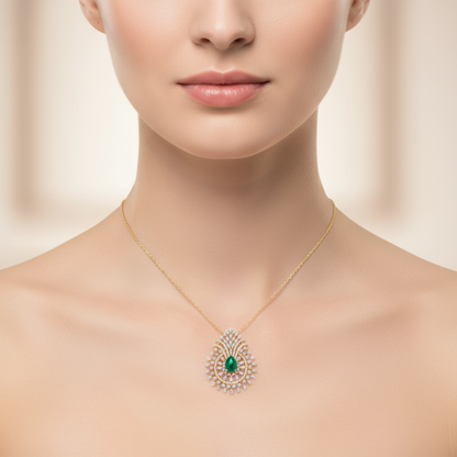 Female model wearing emerald and diamond peacock pendant