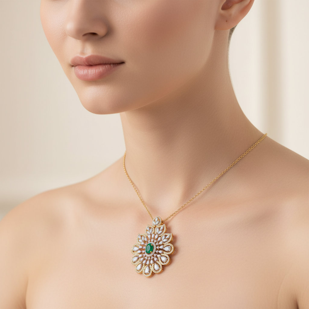 Female model wearing emerald and diamond pendant