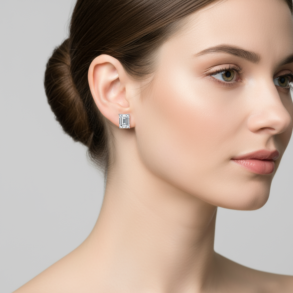 Female model wearing emerald-cut diamond solitaire stud earrings