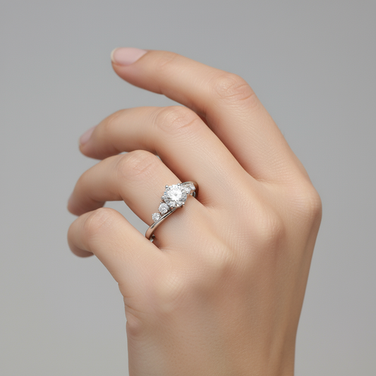 Female model wearing five-stone diamond engagement ring