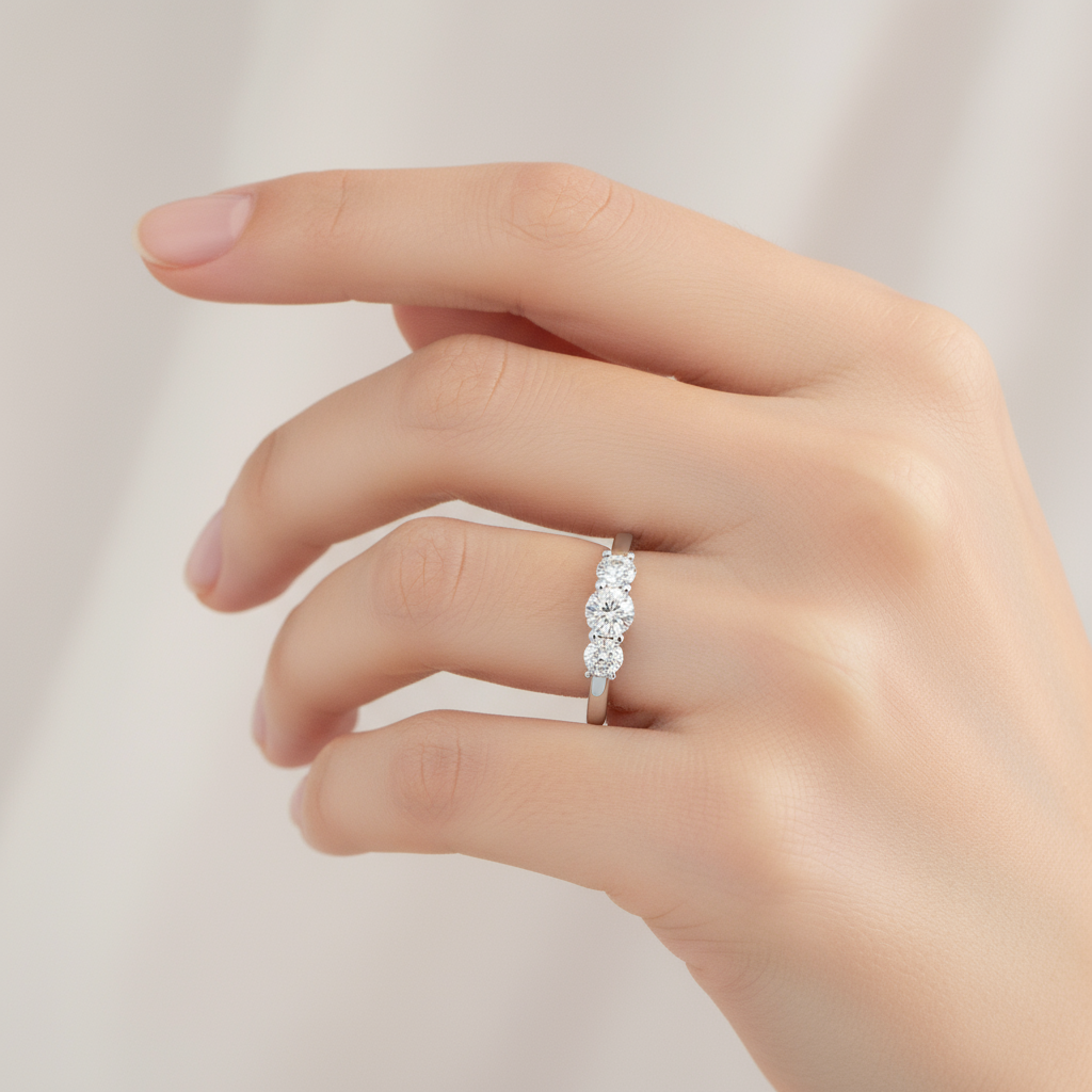 Female model wearing five-stone diamond ring