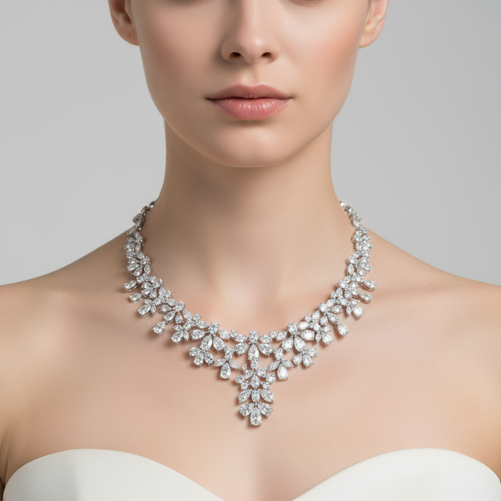 Female model wearing floral diamond necklace