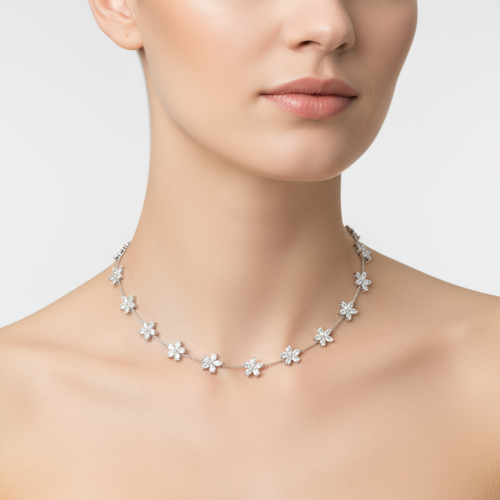 Female model wearing floral diamond necklace
