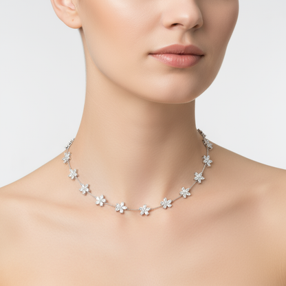 Female model wearing floral diamond necklace