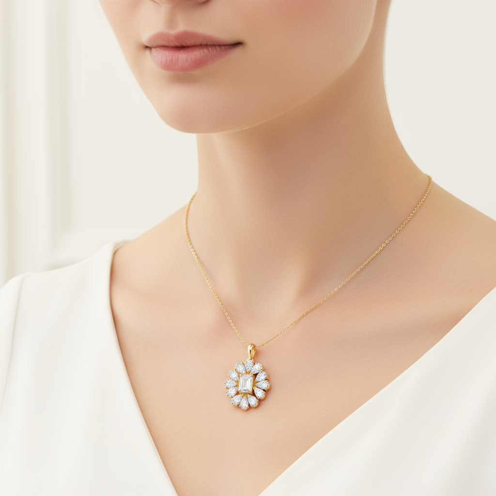 Female model wearing floral diamond pendant