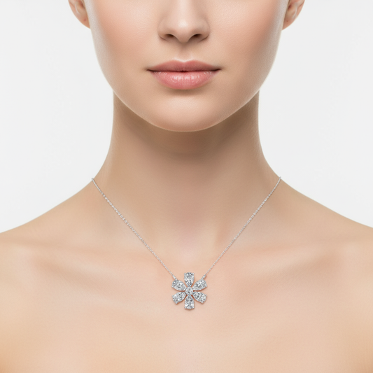 Female model wearing floral diamond pendant