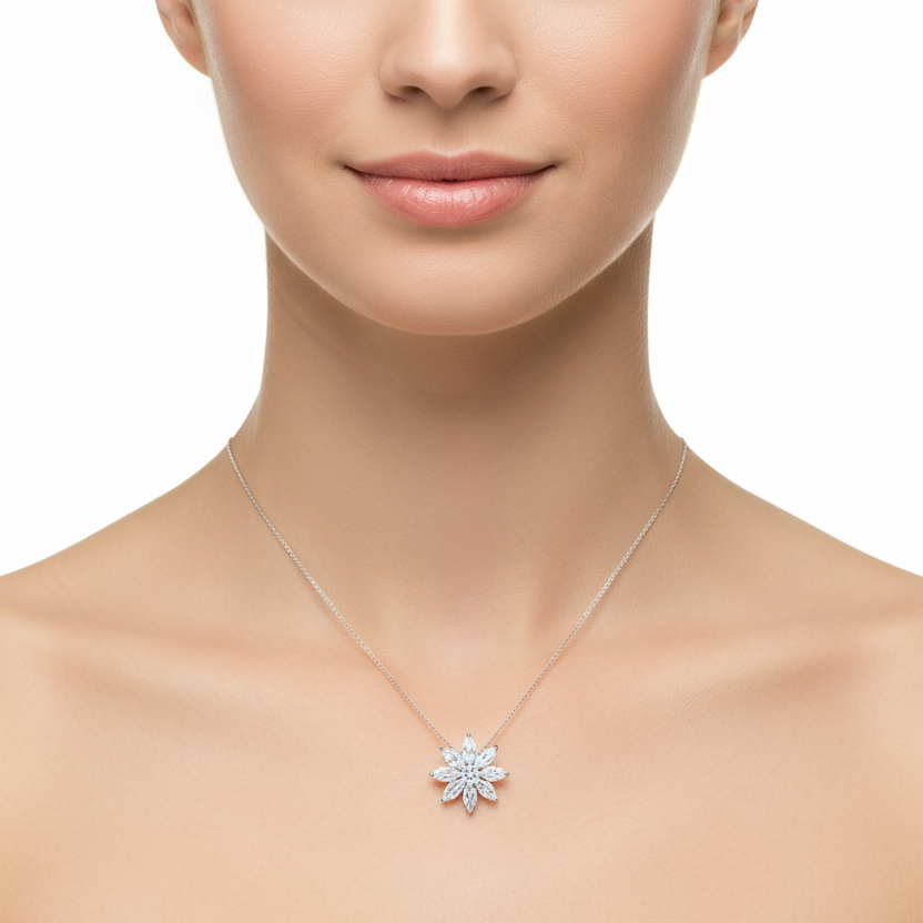 Female model wearing floral diamond pendant