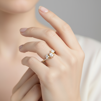Female model wearing floral diamond ring