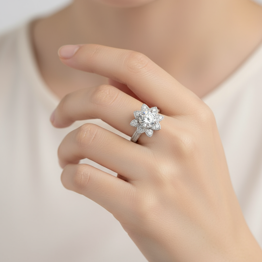 Female model wearing floral diamond ring