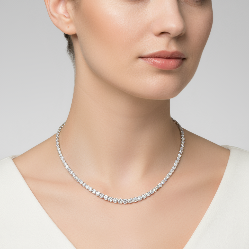 Female model wearing graduated diamond necklace