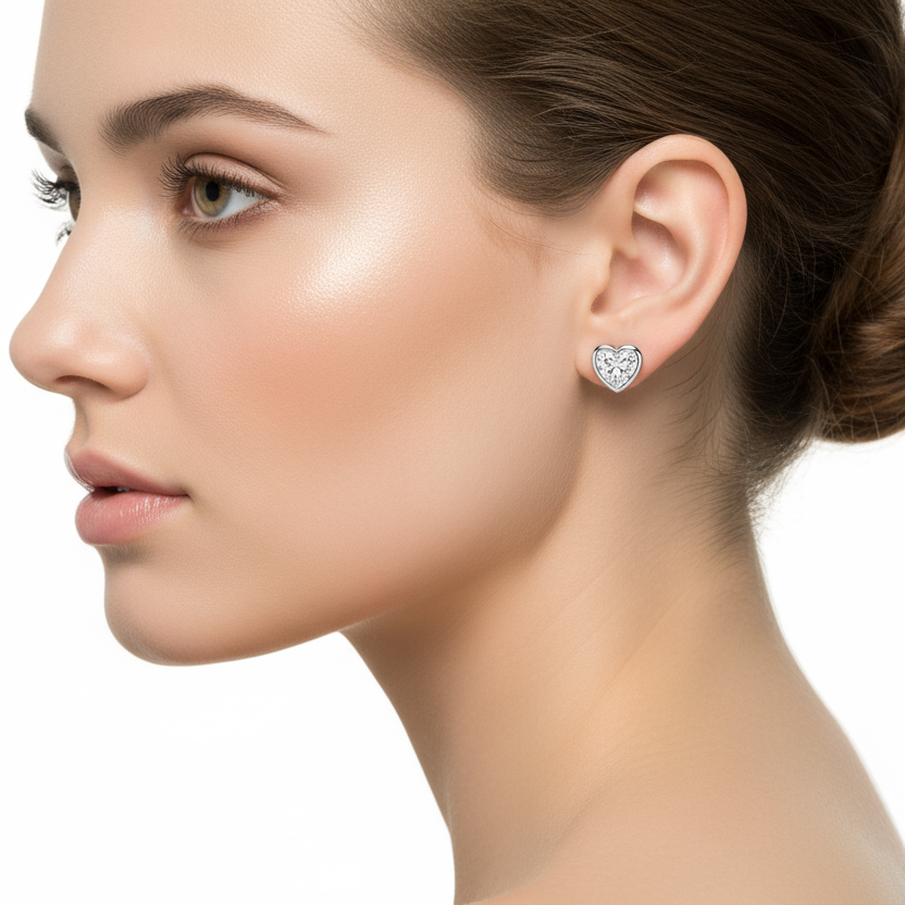 Female model wearing heart diamond earrings